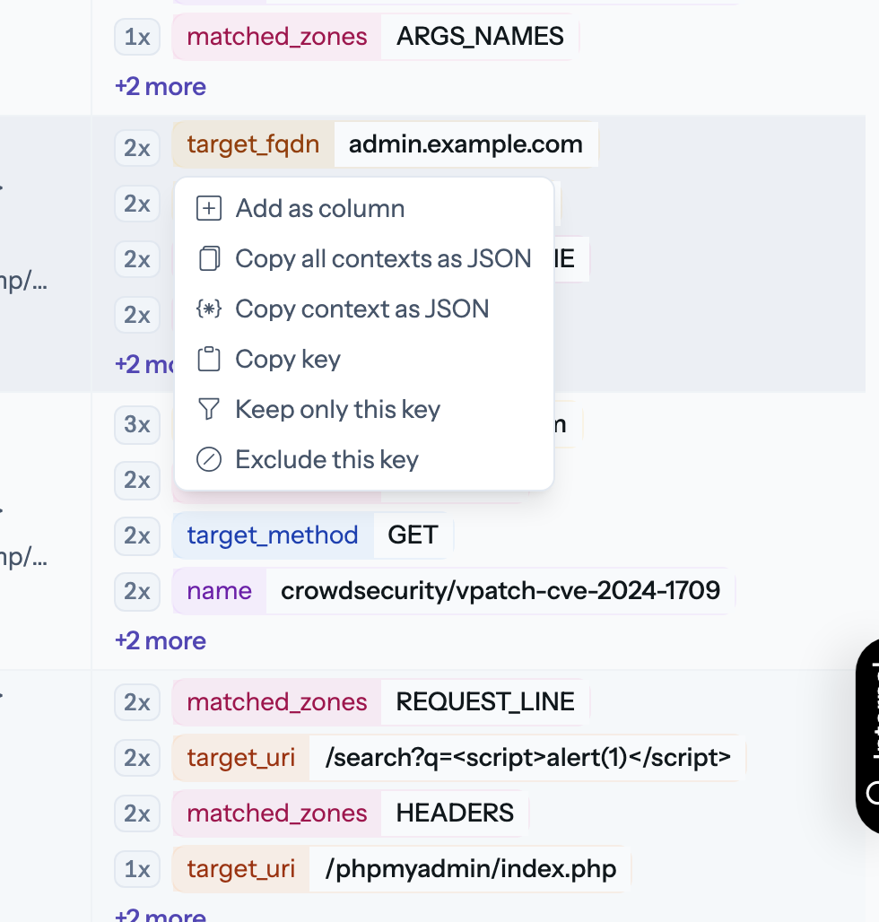 The context tag menu: keep, exclude, copy, or add the tag as a column