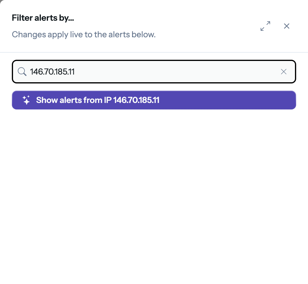 An IP pasted in the filter search: the Explorer offers to show every matching alert